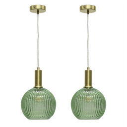 First Choice Lighting Set Of 2 Betchley - Green Ribbed Glass Globe Satin Brass Deco Pendants