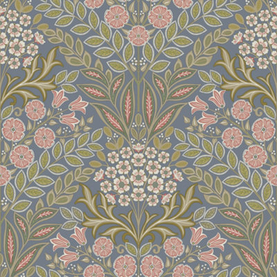 Grandeco Belevedere Arts And Crafts Floral Damask, Blue - image 1