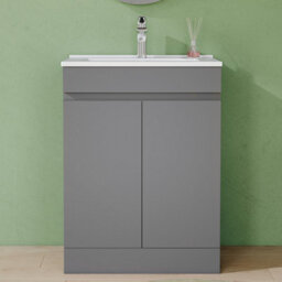 AVER-GROWTH 600mm Vanity Unit With Basin High Gloss Grey Ceramic Sink Floor Standing Bathroom Storage Cabinet Soft Close Hinges 2 Doors - thumbnail 6