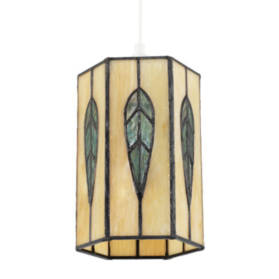 Happy Homewares Hexagonal Tiffany Pendant Light Shade With Emerald Green Leaf Decor - image 1