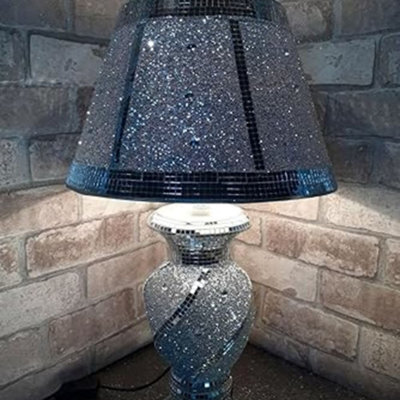 Biznest Silver Glitter Crushed Diamond Table Lamp With Shade Ornament Diamante Home Spiral Line