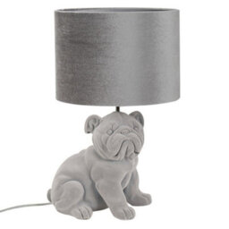 Valuelights Grey Velvet Bulldog Bedside Table Lamp With A Drum Lampshade Animal Bedroom Light