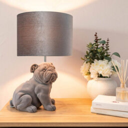 Valuelights Grey Velvet Bulldog Bedside Table Lamp With A Drum Lampshade Animal Bedroom Light - thumbnail 4