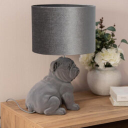 Valuelights Grey Velvet Bulldog Bedside Table Lamp With A Drum Lampshade Animal Bedroom Light - thumbnail 5