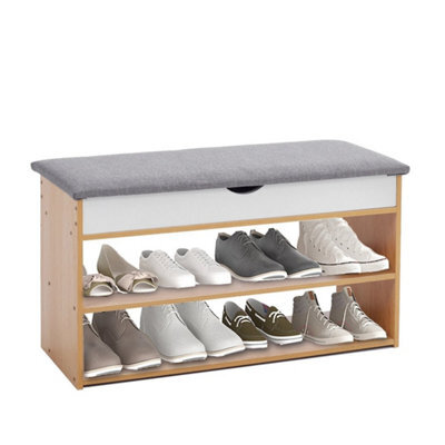 Wood Color Entryway Shoe Bench With Cushion Seat Storage Cabinet Organizer - image 1