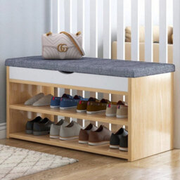 Wood Color Entryway Shoe Bench With Cushion Seat Storage Cabinet Organizer - thumbnail 3