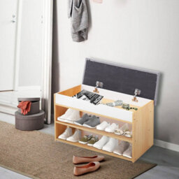 Wood Color Entryway Shoe Bench With Cushion Seat Storage Cabinet Organizer - thumbnail 6