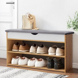 Wood Color Entryway Shoe Bench With Cushion Seat Storage Cabinet Organizer - thumbnail 4
