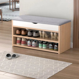 Wood Color Entryway Shoe Bench With Cushion Seat Storage Cabinet Organizer - thumbnail 5