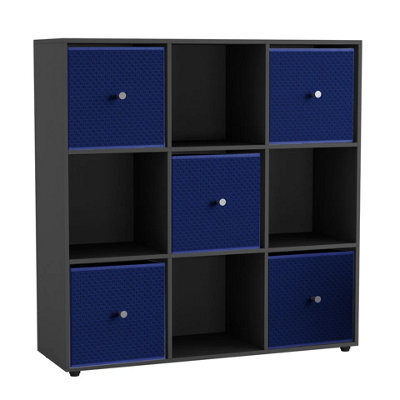 Urbn-Living 9 Cube Black Wooden Bookcase Shelving Unit With 5 Collapsible Fabric Drawers Royal Blue - image 1