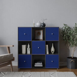 Urbn-Living 9 Cube Black Wooden Bookcase Shelving Unit With 5 Collapsible Fabric Drawers Royal Blue - thumbnail 2