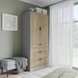 Urbn-Living Urbnliving 180Cm Height Grey Wardrobe With Oak 2 Door 3 Drawer Storage And Modern Hanging Rail Furniture