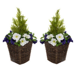 Greenbrokers 2 X Artificial Purple & White Petunias Rattan Patio Planters