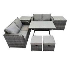 Fimous 6 Seater Garden Outdoor Rattan Furniture Set Rattan Sofa Oblong Dining Table With 2 Small Footstools 2 Side Table Dark Grey - thumbnail 4