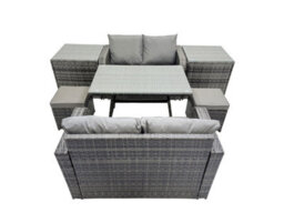 Fimous 6 Seater Garden Outdoor Rattan Furniture Set Rattan Sofa Oblong Dining Table With 2 Small Footstools 2 Side Table Dark Grey - thumbnail 2