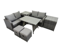 Fimous 6 Seater Garden Outdoor Rattan Furniture Set Rattan Sofa Oblong Dining Table With 2 Small Footstools 2 Side Table Dark Grey - thumbnail 3