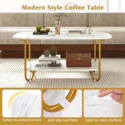 Costway Faux Marble Top Coffee Table 2-Tier Rectangular Sofa Side Table White - thumbnail 9