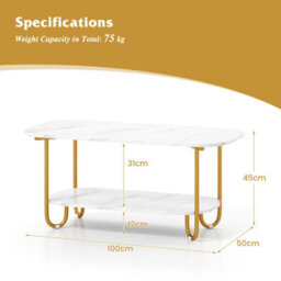 Costway Faux Marble Top Coffee Table 2-Tier Rectangular Sofa Side Table White - thumbnail 3