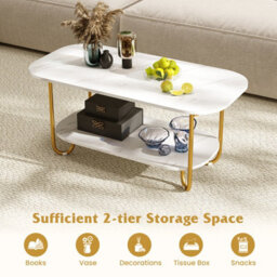 Costway Faux Marble Top Coffee Table 2-Tier Rectangular Sofa Side Table White - thumbnail 6