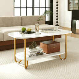 Costway Faux Marble Top Coffee Table 2-Tier Rectangular Sofa Side Table White - thumbnail 4