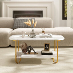 Costway Faux Marble Top Coffee Table 2-Tier Rectangular Sofa Side Table White - thumbnail 5