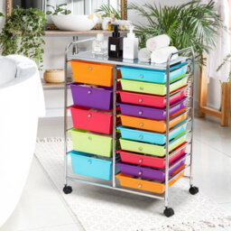 Costway 15-Drawer Storage Trolley Mobile Organiser Shelving Unit Utility Cart Multicolour - thumbnail 3
