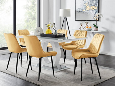 Furniturebox Giovani Rectangular 6 Seat White High Gloss Unique Halo Base Dining Table Grey Glass Top 6 Mustard Velvet Black Leg Pesaro Chairs - image 1