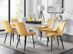 Furniturebox Giovani Rectangular 6 Seat White High Gloss Unique Halo Base Dining Table Grey Glass Top 6 Mustard Velvet Black Leg Pesaro Chairs