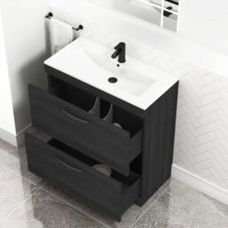Royal Bathrooms Turin Hale Black 800mm Floor Standing Vanity Unit 2 Drawer With Minimalist Basin Sink & Matt Black Handles - thumbnail 5