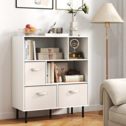 Costway 6-Cube Bookshelf 3-Tier Bookcase With 3 Removable Folding Fabric Drawers-White