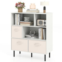 Costway 6-Cube Bookshelf 3-Tier Bookcase With 3 Removable Folding Fabric Drawers-White - thumbnail 2