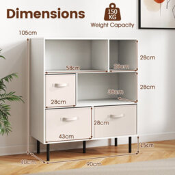 Costway 6-Cube Bookshelf 3-Tier Bookcase With 3 Removable Folding Fabric Drawers-White - thumbnail 3