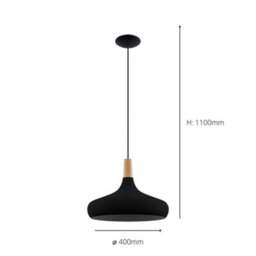Eglo Sabinar Ip20 Black Steel And Wood Pendant Light - Scandinavian Design, E27 (D) 40Cm - thumbnail 3