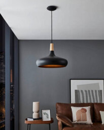 Eglo Sabinar Ip20 Black Steel And Wood Pendant Light - Scandinavian Design, E27 (D) 40Cm - thumbnail 2