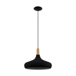 Eglo Sabinar Ip20 Black Steel And Wood Pendant Light - Scandinavian Design, E27 (D) 40Cm
