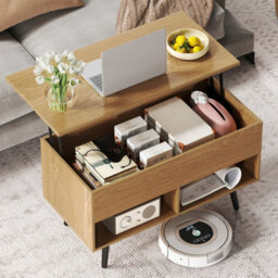 Gainoom Natural Lift Top Coffee Table Mid Century Modern Accent Table With Hidden Compartment & Open Storage Shelves - thumbnail 3