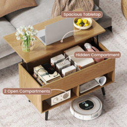Gainoom Natural Lift Top Coffee Table Mid Century Modern Accent Table With Hidden Compartment & Open Storage Shelves - thumbnail 8