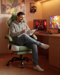 Luckracer Fabric Gaming Chair With Footrest, Ergonomic Computer Desk Chair With Pocket Spring Cushion Home Office Chair, Green - thumbnail 2