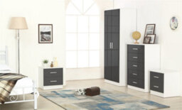 Reflect 2 Door Plain Wardrobe, 5 Drawer Chest, 2X 2 Drawer Bedsides - Grey Gloss & Matt White - Modern Bedroom Furniture Set
