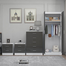 Reflect 2 Door Plain Wardrobe, 5 Drawer Chest, 2X 2 Drawer Bedsides - Grey Gloss & Matt White - Modern Bedroom Furniture Set - thumbnail 4
