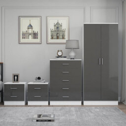 Reflect 2 Door Plain Wardrobe, 5 Drawer Chest, 2X 2 Drawer Bedsides - Grey Gloss & Matt White - Modern Bedroom Furniture Set - thumbnail 3
