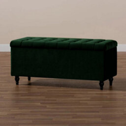 120Cm Cubed Ottoman Storage Box With Wooden Legs, Forest Green Velvet Upholstered Chesterfield Footstool Storage Ottoman Bench