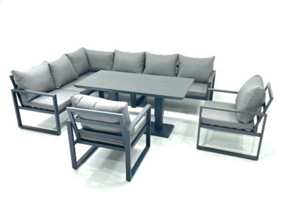 Fimous Aluminum Outdoor Garden Furniture Set Corner Sofa 2 Chairs Adjustable Rising Lifting Dining Table Sets Dark Grey