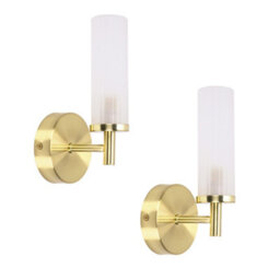 Valuelights Canya Pair Of Brushed Gold Ip44 Rated Bathroom Frosted Reeded Glass Wall Lights