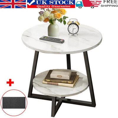 Round 2 Tier Coffee Table Side Table White Marble Effect End Table Living Room - image 1