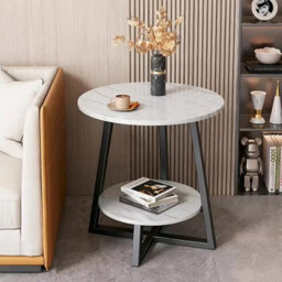 Round 2 Tier Coffee Table Side Table White Marble Effect End Table Living Room - thumbnail 3