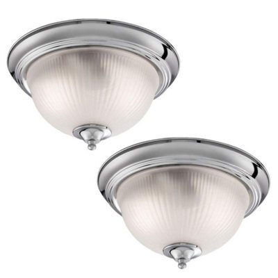 Britalia 2 Pack - Polished Chrome & Frosted Ribbed Glass Bathroom Vintage Round Flush Ceiling Light 290 mm 2 X E 14 Ses Lamp