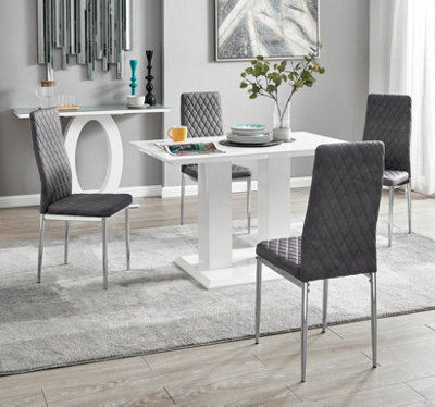Furniturebox Uk 4 Seater Dining Set - Imperia White High Gloss Dining Table And Chairs - 4 Grey Velvet Milan Chrome Leg Chairs - image 1