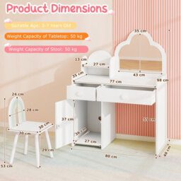 Costway Kids Vanity Table And Chair Set Girls Vanity Set W/ Cloud-Shaped Mirror White - thumbnail 3