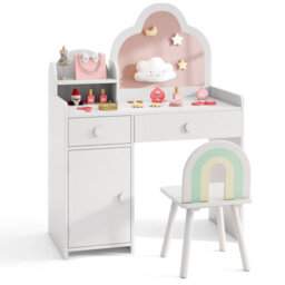 Costway Kids Vanity Table And Chair Set Girls Vanity Set W/ Cloud-Shaped Mirror White - thumbnail 2
